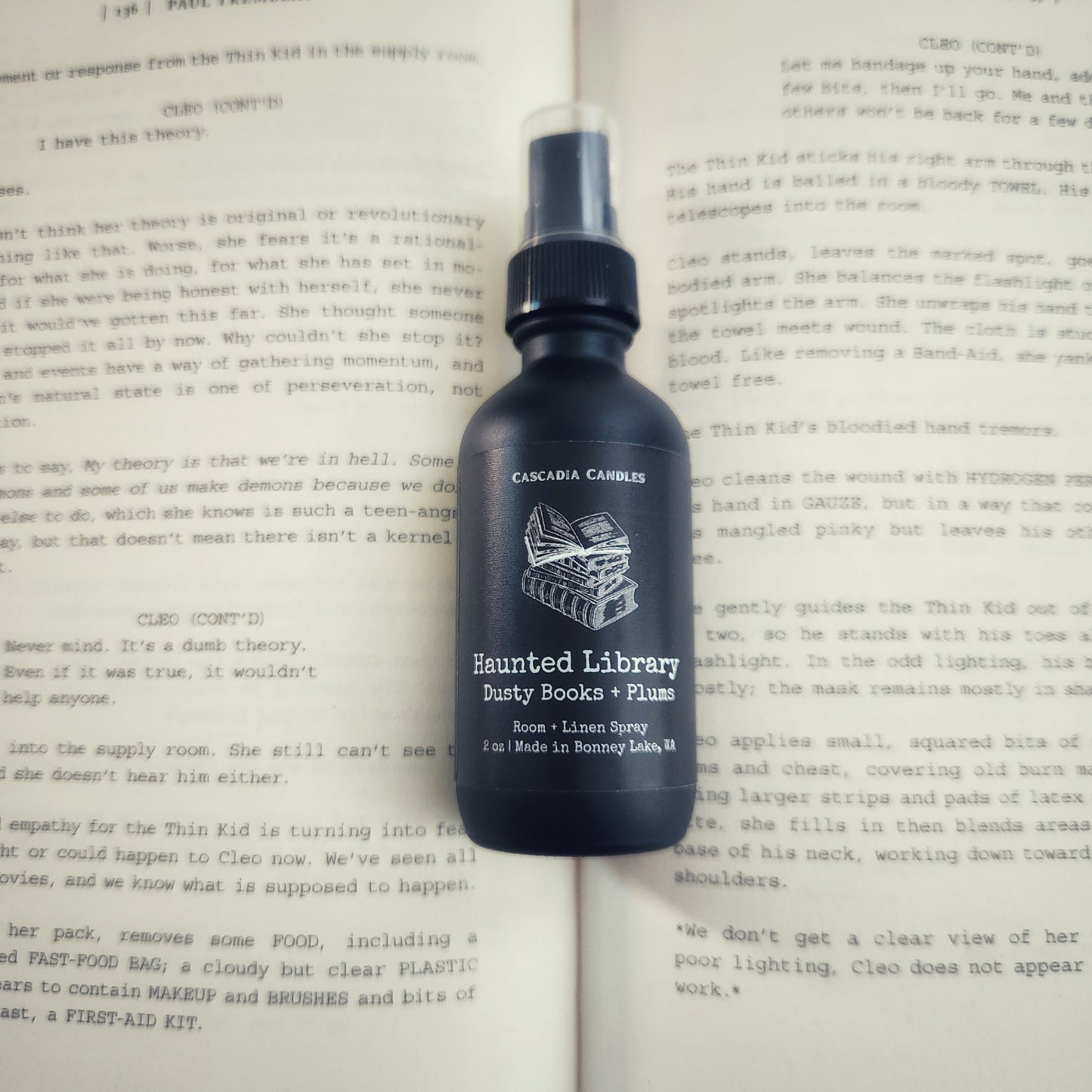 Haunted Library room and linen spray on open book