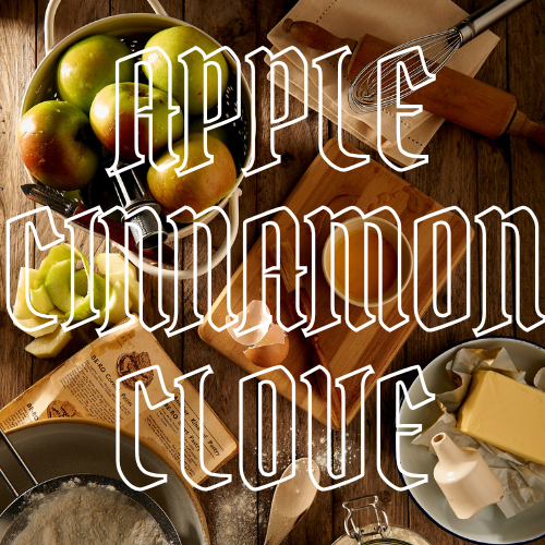 A styled flat-lay of baking ingredients and tools on a wooden table, including apples in a bowl, flour, butter, eggs, a whisk, and a rolling pin, with large outlined text reading 'APPLE CINNAMON CLOVE' across the center.