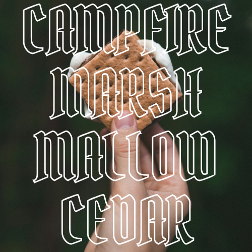 A hand holding a marshmallow s'more with a brown graham cracker and white marshmallow, overlaid with large white outlined text reading 'CAMPFIRE MARSHMALLOW CEDAR' against a dark blurred outdoor background.