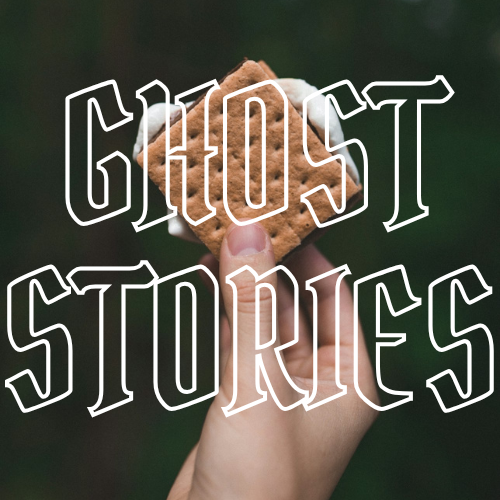 A hand holding a graham cracker with oozing marshmallow, overlaid with the text 'GHOST STORIES' in a large white outline font against a dark blurred background.