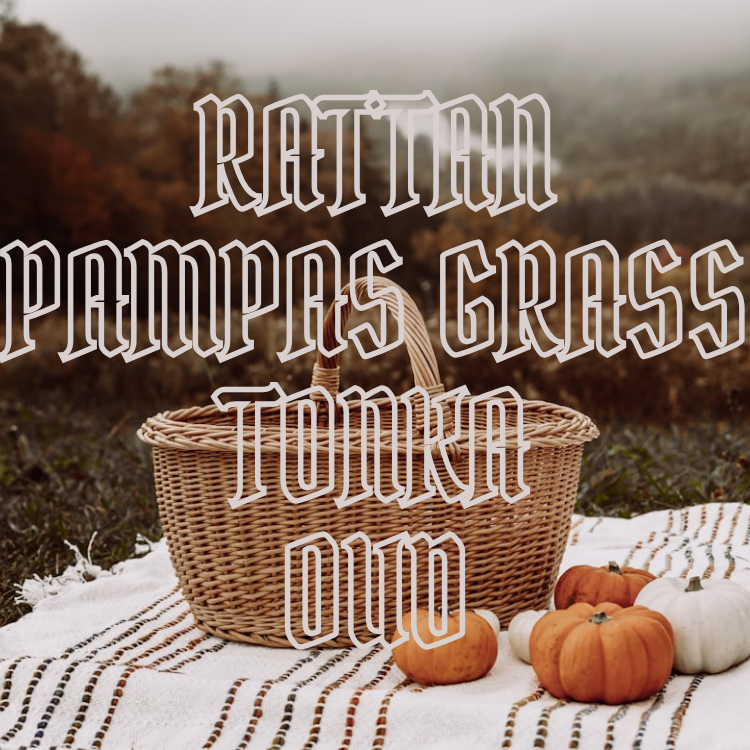 A wicker picnic basket sits on a white striped blanket outdoors, with small pumpkins nearby and large decorative text reading 'Rattan Pampas Grass Tonka Oud' overlaid across the scene.