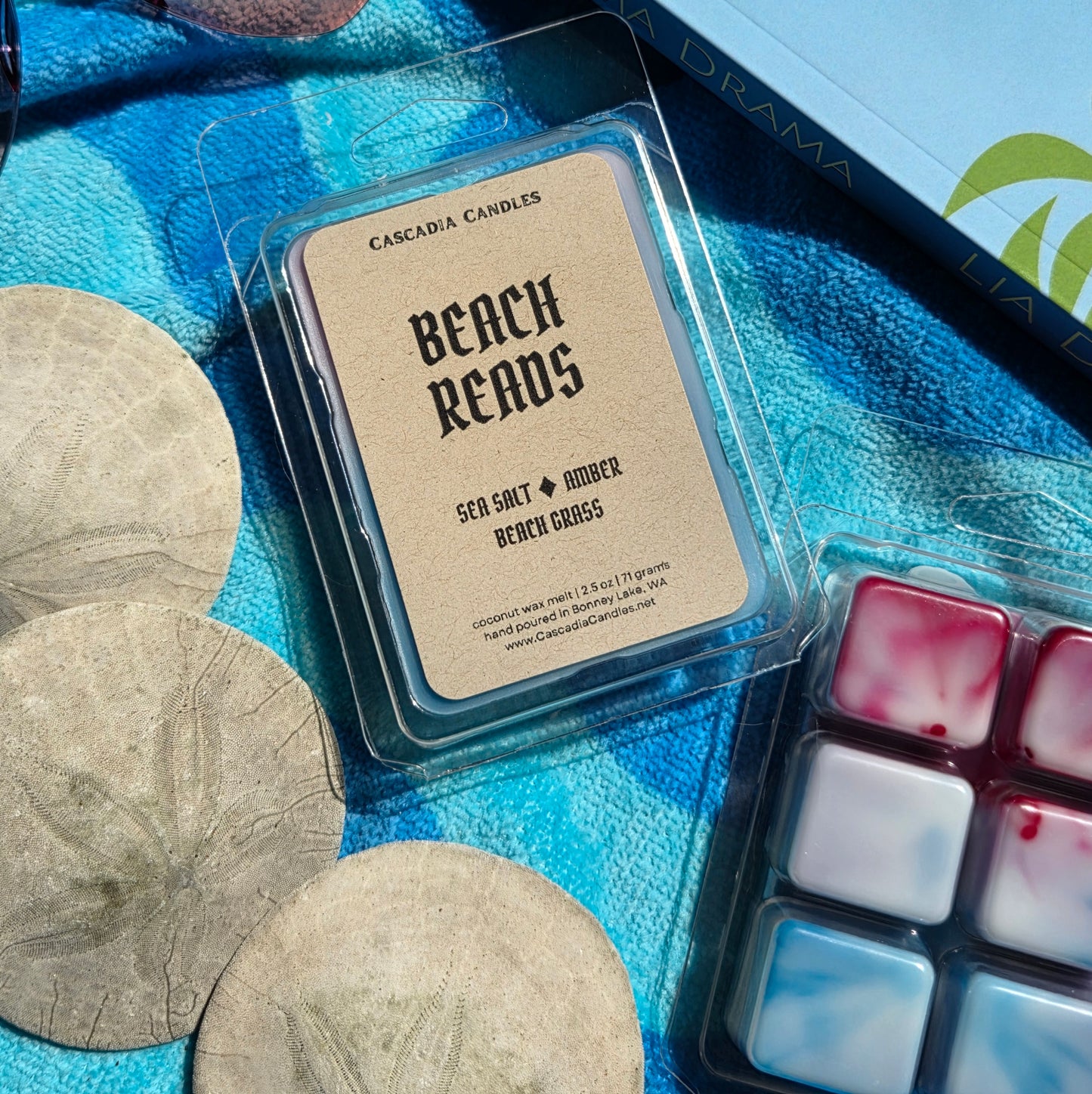 Wax melt packaging labeled 'Beach Reads' on a blue fabric background with sand dollars and a color swatch.