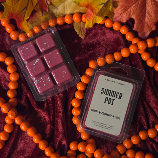 Two wax melts products from Cascadia Candles are arranged on a dark burgundy velvet background with orange beaded garlands and autumn leaves.