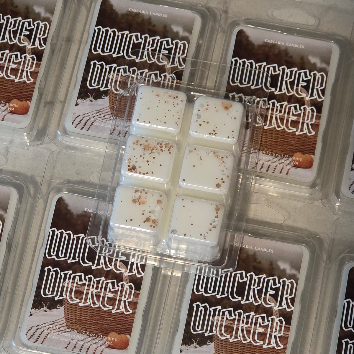 Collection of Wicker Dicker wax melts on countertop.