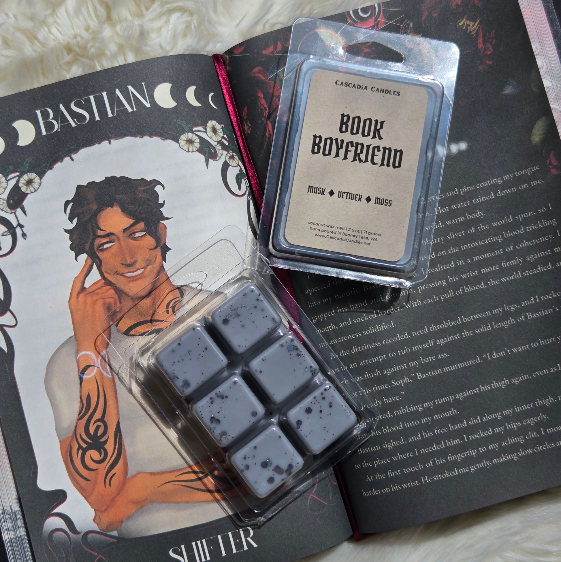 Two packaged wax melts are arranged on an open book. One package contains dark gray speckled wax cubes in a clear plastic clamshell, and the other is a clear blister pack with a Kraft label reading 'Book Boyfriend'.