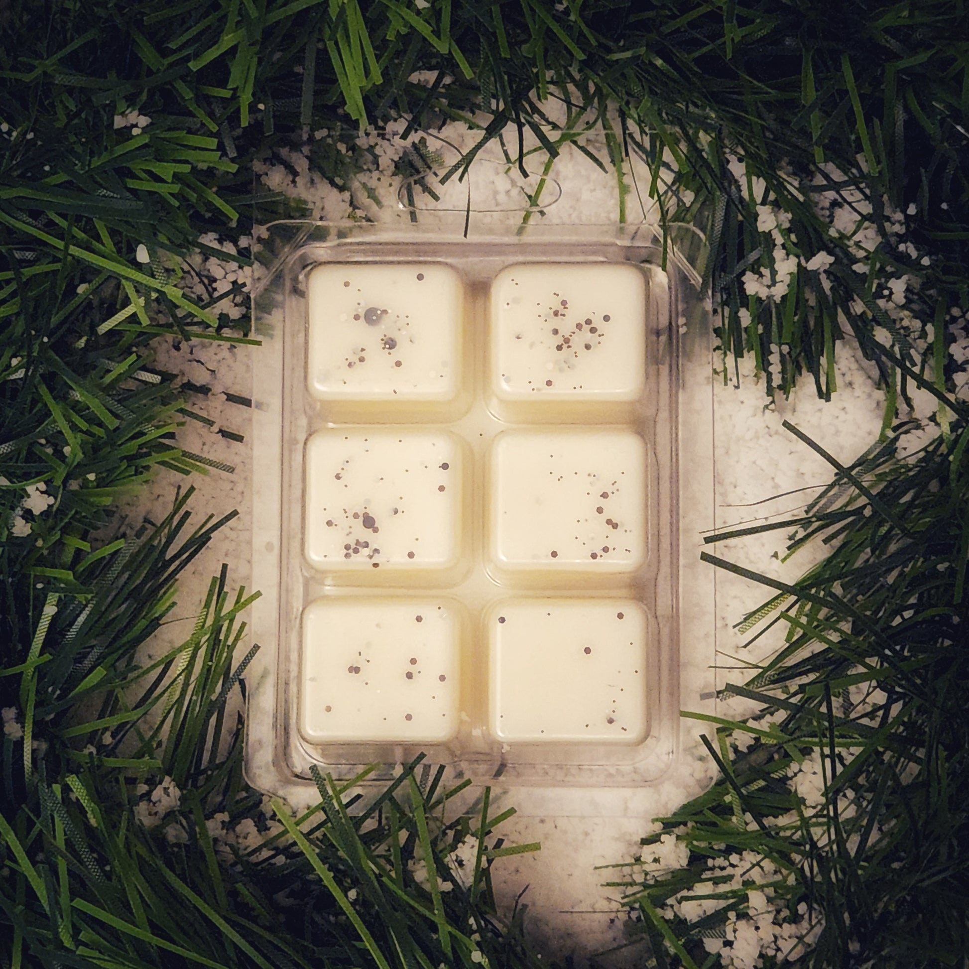 Pack of six wax melts in a clear plastic container surrounded by greenery