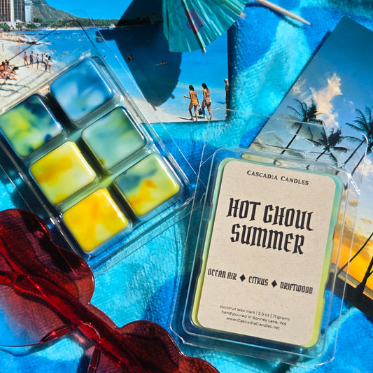 Cascadia Candles wax melts with a beach scene in the background