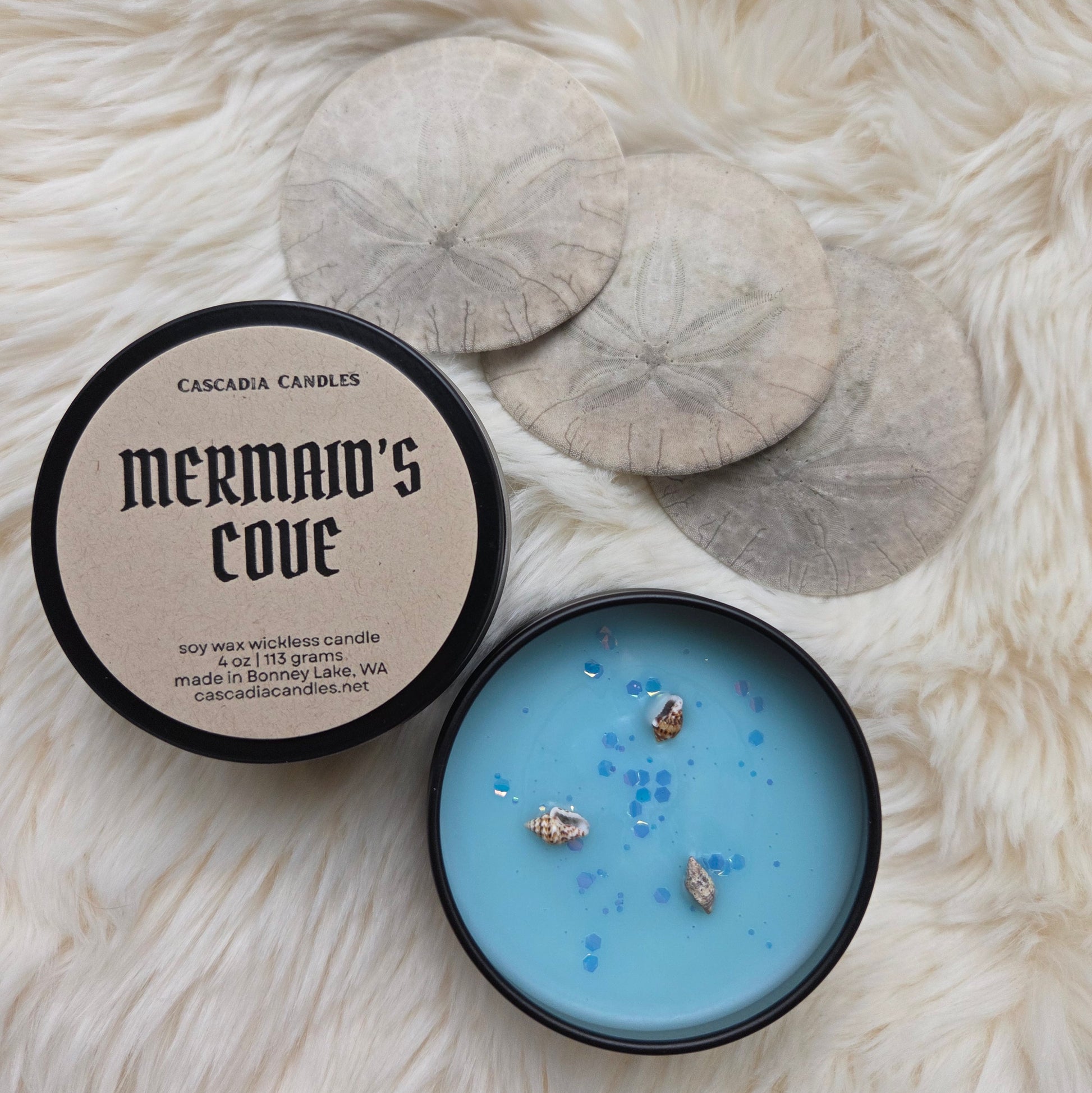 Mermaid's Cove candle in a black container on a fluffy white surface with sand dollar shells.