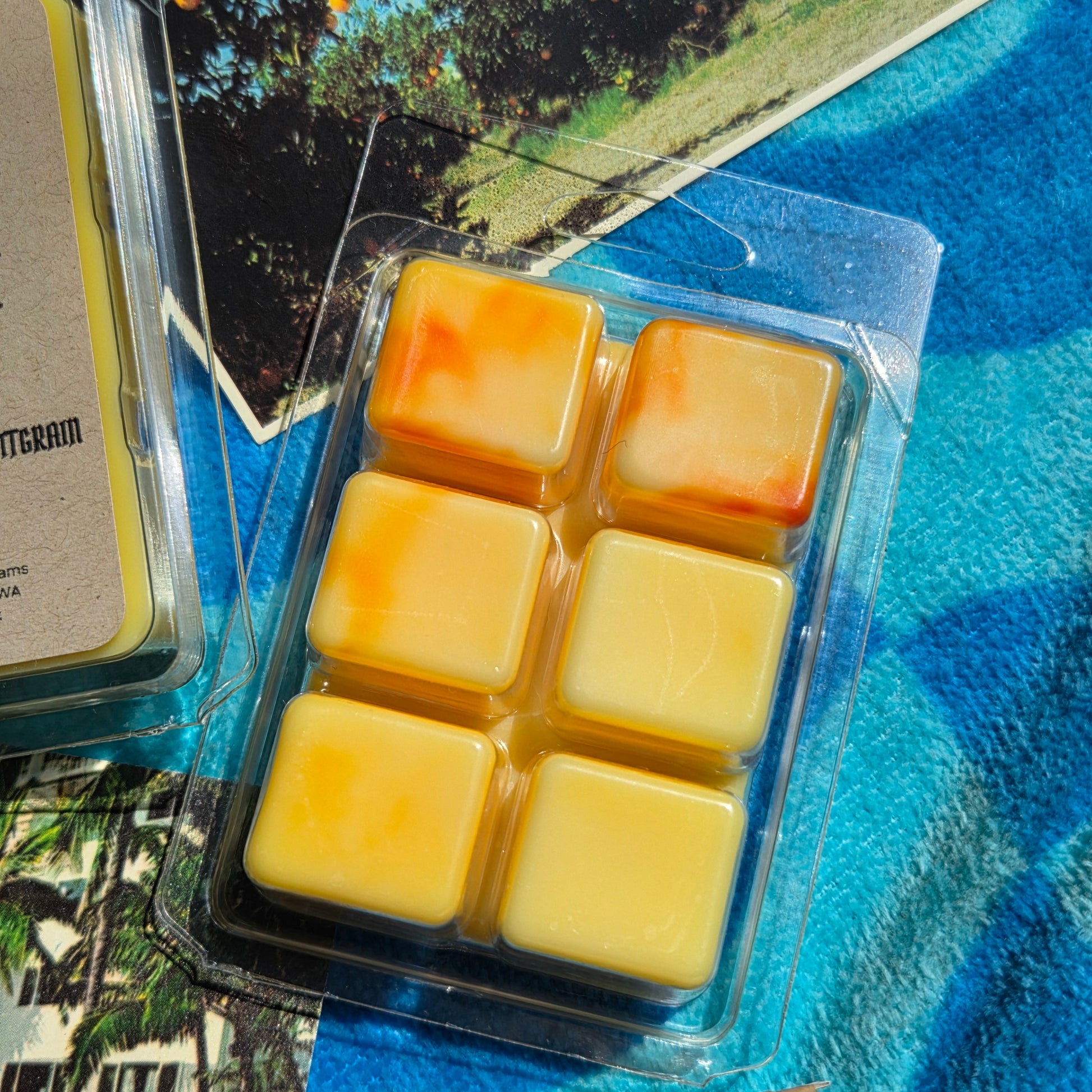 Pack of square wax melts on a blue textured surface with a blurred outdoor background