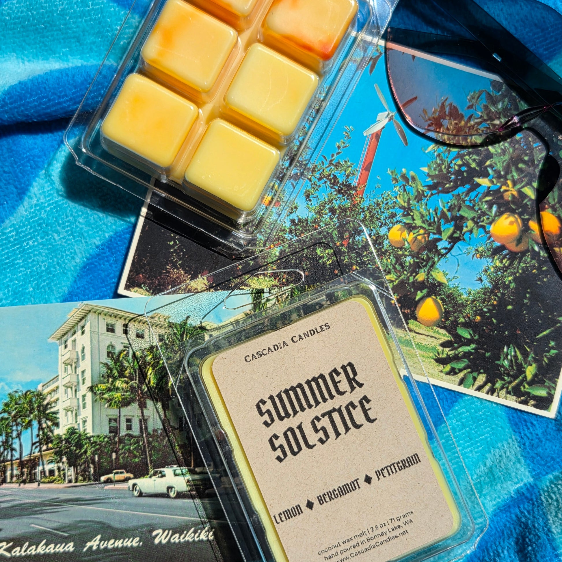 Cascadia Candles Summer Solstice wax melts with a scenic background