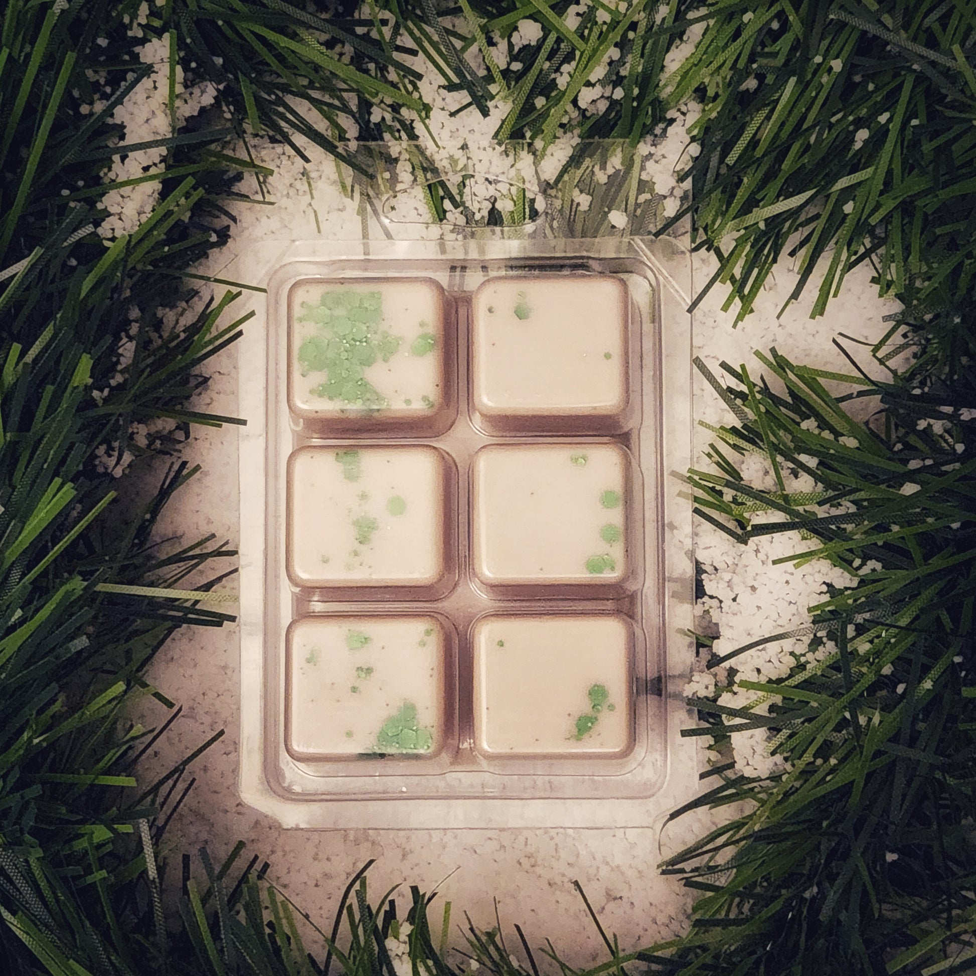 Six square wax melts in a clear plastic mold on a textured surface with greenery around.