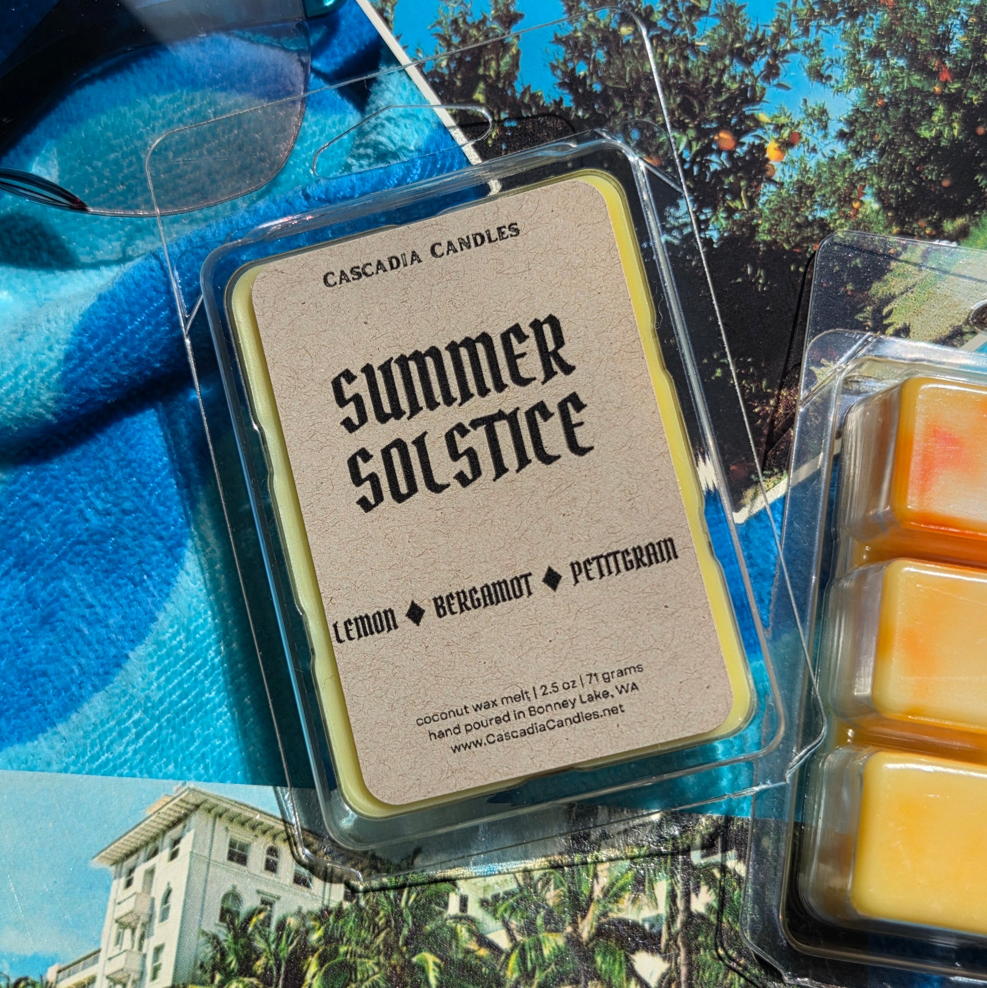 Cascadia Candles Summer Solstice wax melts packaging with a scenic background